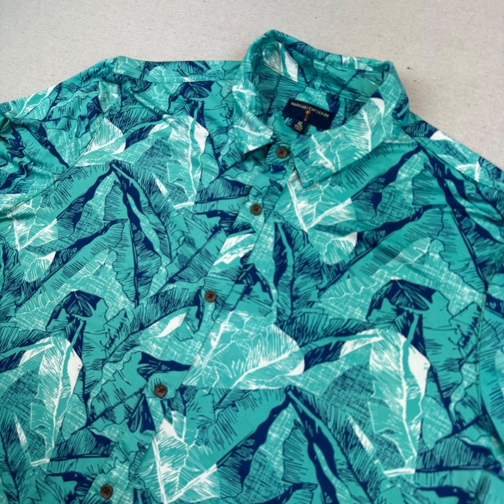 Margaritaville Hawaiian Camp Shirt Men's XL Tropical Leaf Button Front Green/Blu